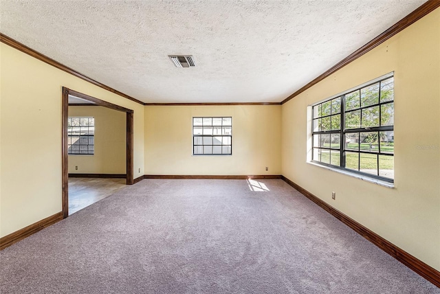 spare room featuring carpet floors, crown molding, visible vents, and a wealth of natural light