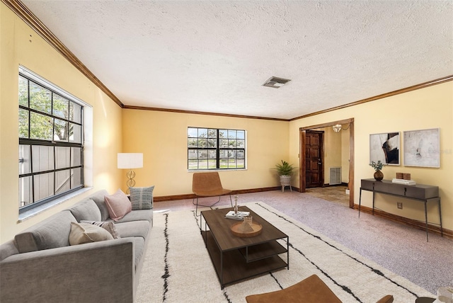 living room with baseboards, a textured ceiling, visible vents, and carpet flooring