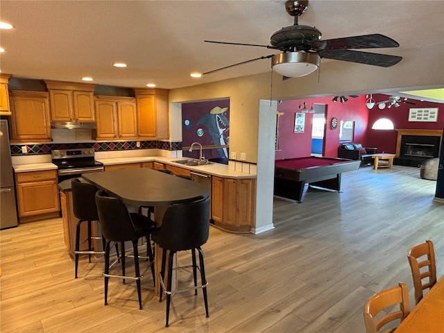 kitchen featuring stainless steel appliances, decorative backsplash, light wood-style floors, a sink, and under cabinet range hood