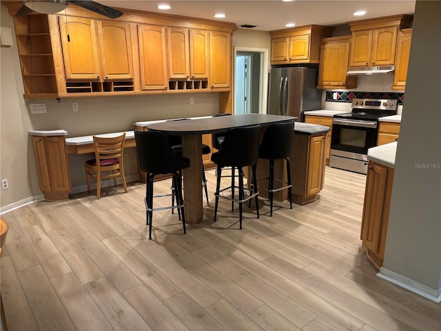 kitchen featuring open shelves, stainless steel appliances, recessed lighting, backsplash, and light wood-style flooring