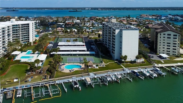 drone / aerial view featuring a water view