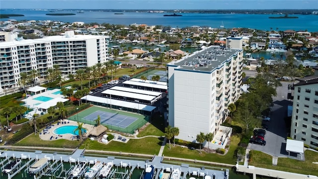 drone / aerial view with a water view