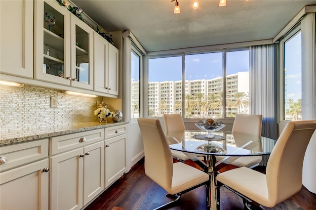 dining space featuring a view of city and dark wood-type flooring