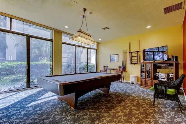 recreation room featuring carpet, billiards, visible vents, and a textured ceiling