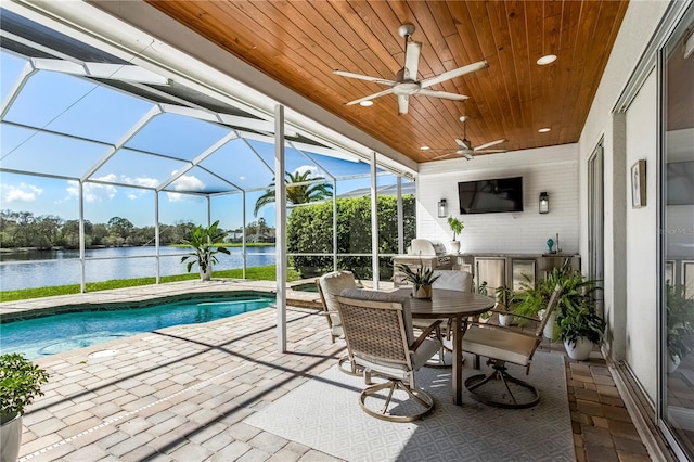 sunroom with wooden ceiling