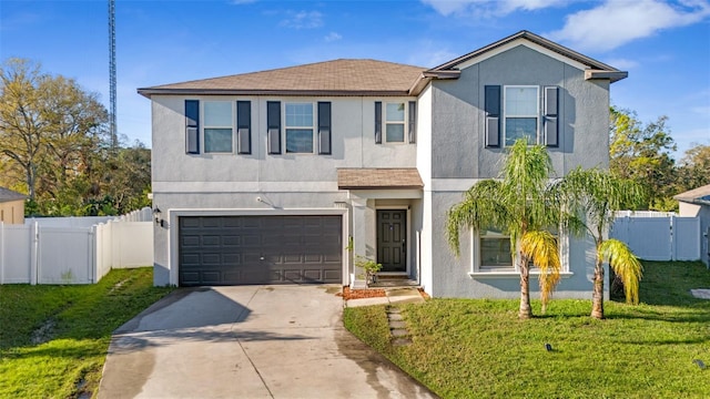 traditional-style home featuring concrete driveway, fence, a gate, and stucco siding