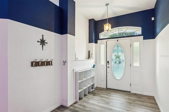 foyer entrance with baseboards and wood finished floors