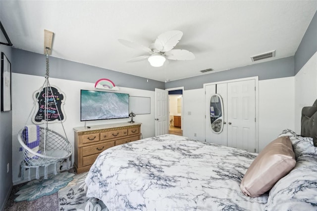 bedroom with a closet, visible vents, and ceiling fan