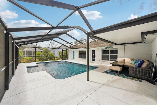 pool with a lanai, a patio area, and outdoor lounge area