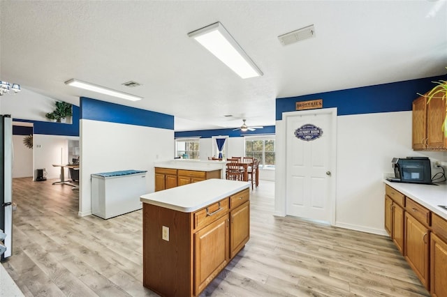 kitchen with light countertops, light wood-type flooring, and visible vents