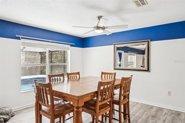 dining room with light wood finished floors, ceiling fan, visible vents, and baseboards