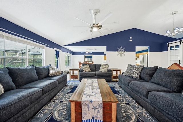 13 Witch Hazel Ct, Homosassa, FL 34446 - living room with ceiling fan, vaulted ceiling, and a chandelier