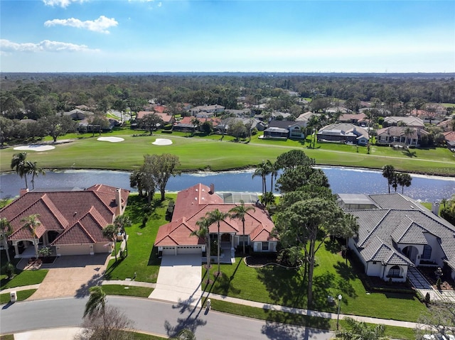 bird's eye view featuring a residential view, a water view, and golf course view