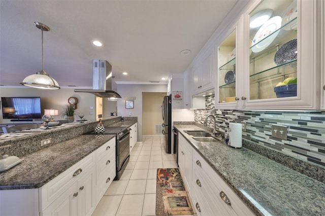 kitchen featuring island range hood, decorative backsplash, black appliances, a sink, and light tile patterned flooring