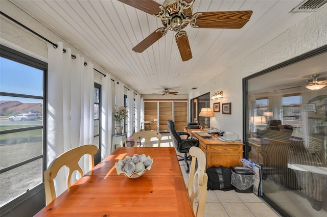 sunroom / solarium with wooden ceiling, visible vents, and a ceiling fan