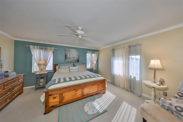 bedroom with light carpet, ornamental molding, and baseboards