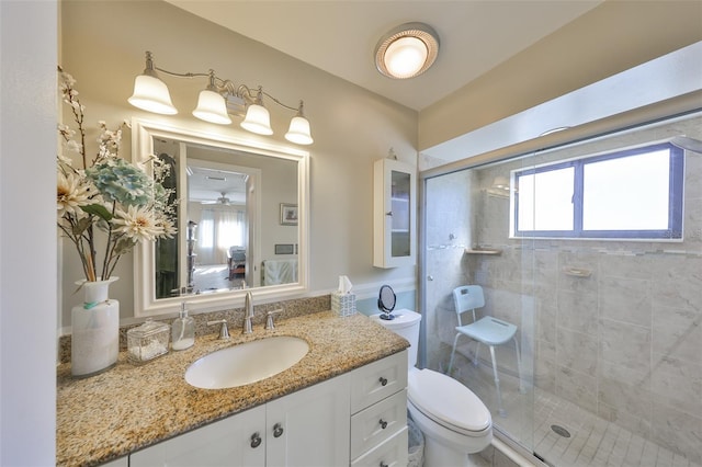 full bathroom with vanity, a shower stall, and toilet