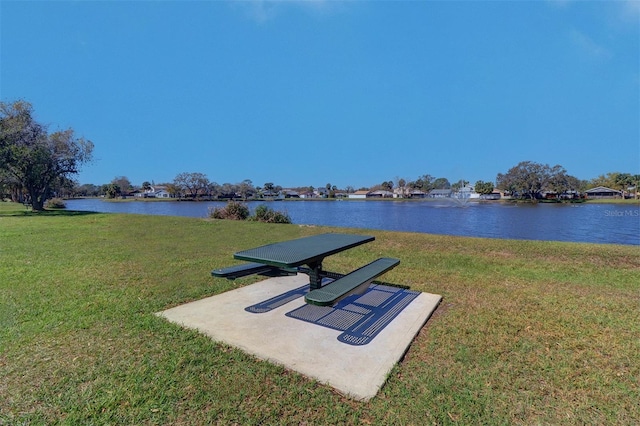 view of home's community featuring a water view and a yard