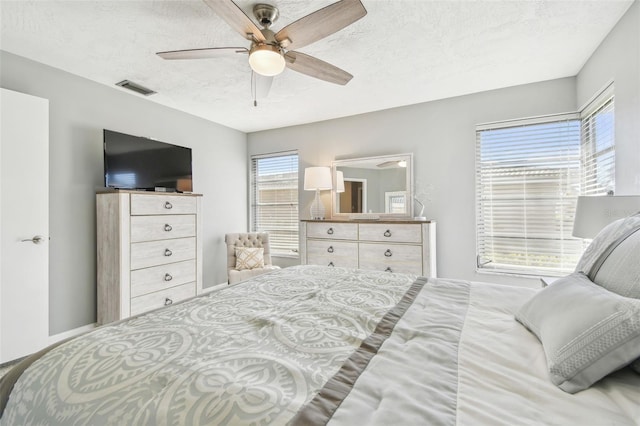 bedroom featuring a textured ceiling, visible vents, and a ceiling fan