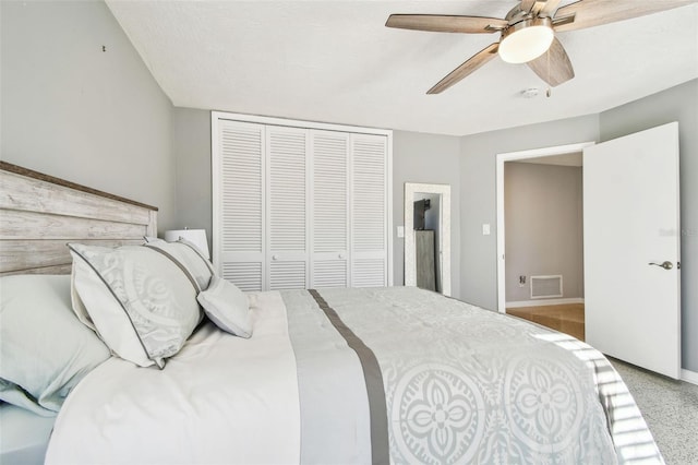 bedroom featuring a ceiling fan, a closet, and visible vents