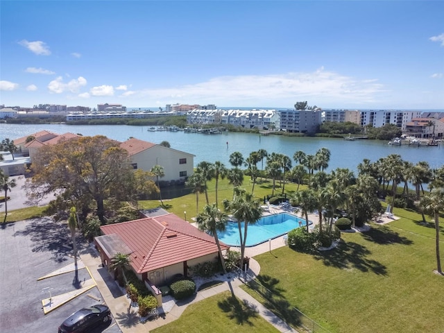 aerial view featuring a water view