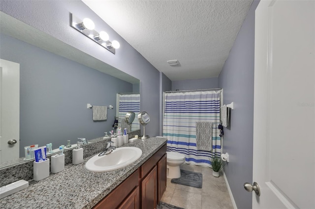 bathroom featuring a textured ceiling, toilet, vanity, baseboards, and a shower with curtain