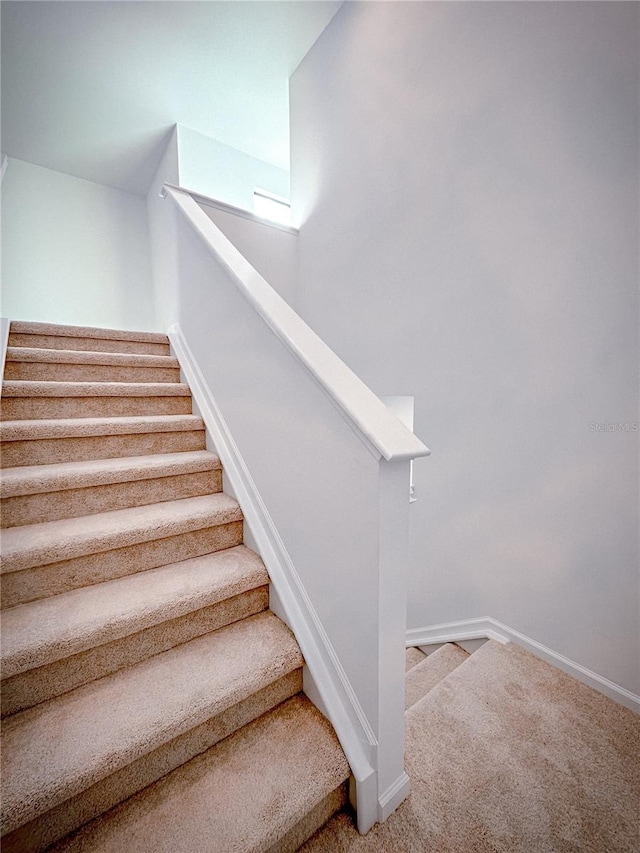 stairway with baseboards and carpet floors