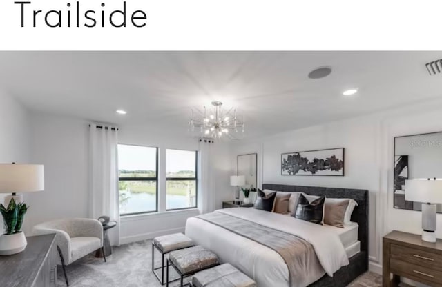 bedroom featuring visible vents, baseboards, light colored carpet, recessed lighting, and an inviting chandelier