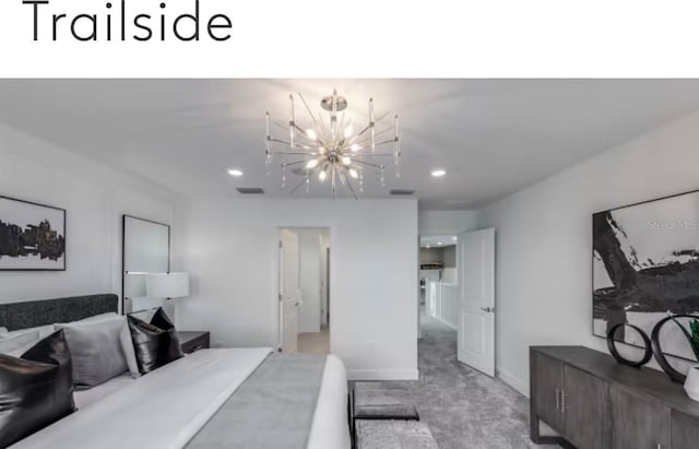 bedroom featuring visible vents, light carpet, a notable chandelier, recessed lighting, and baseboards