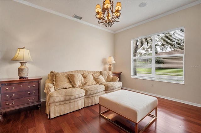 living area featuring dark wood-style flooring, visible vents, crown molding, and baseboards