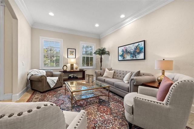 living room featuring recessed lighting, crown molding, and baseboards