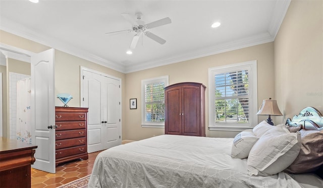 tiled bedroom with ornamental molding, recessed lighting, a closet, and a ceiling fan