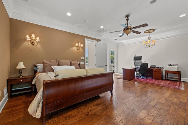 bedroom with ornamental molding, wood-type flooring, recessed lighting, and baseboards