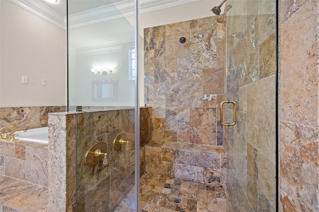 bathroom featuring ornamental molding and a stall shower