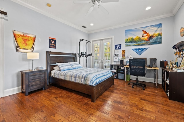 bedroom with visible vents, hardwood / wood-style floors, access to exterior, crown molding, and french doors