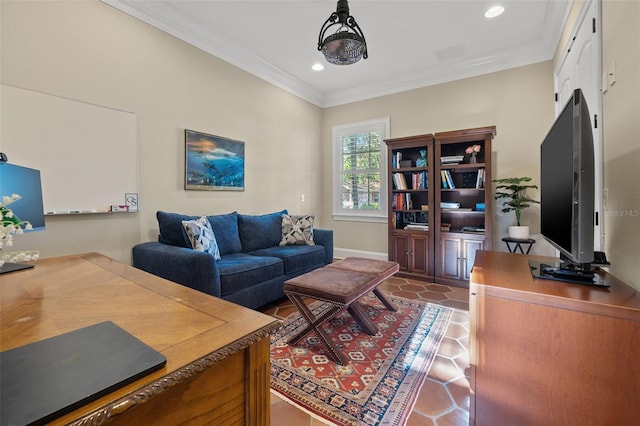 tiled office space featuring recessed lighting and crown molding