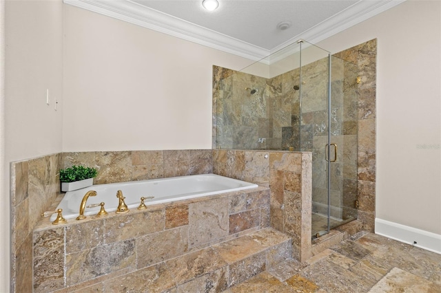 bathroom featuring stone finish flooring, a stall shower, a bath, and crown molding