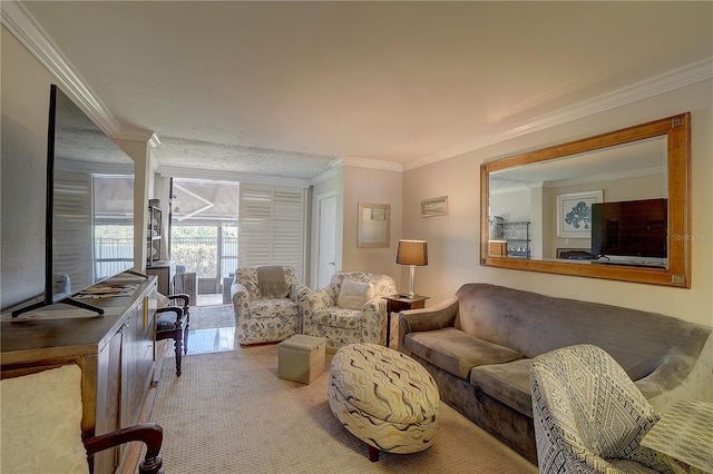 living area with crown molding