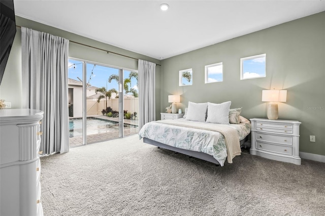 bedroom featuring carpet, access to outside, and baseboards