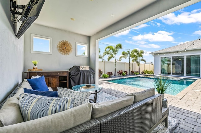 view of pool with a patio area, a fenced backyard, an outdoor hangout area, and a fenced in pool