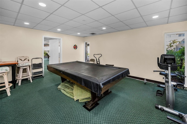 game room featuring baseboards, pool table, a drop ceiling, and recessed lighting