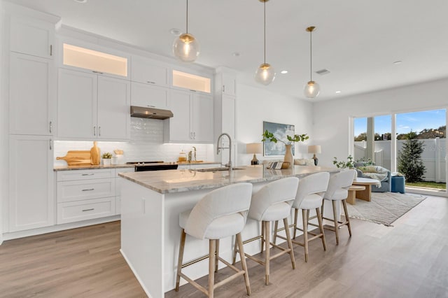 kitchen featuring light wood finished floors, decorative backsplash, white cabinets, a sink, and under cabinet range hood