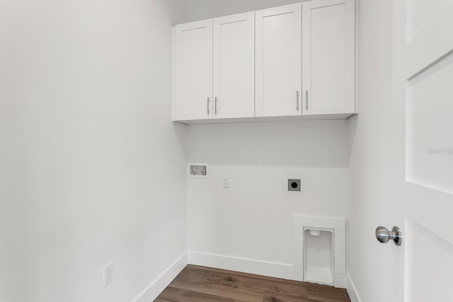 laundry area featuring hookup for a washing machine, hookup for an electric dryer, baseboards, cabinet space, and dark wood finished floors