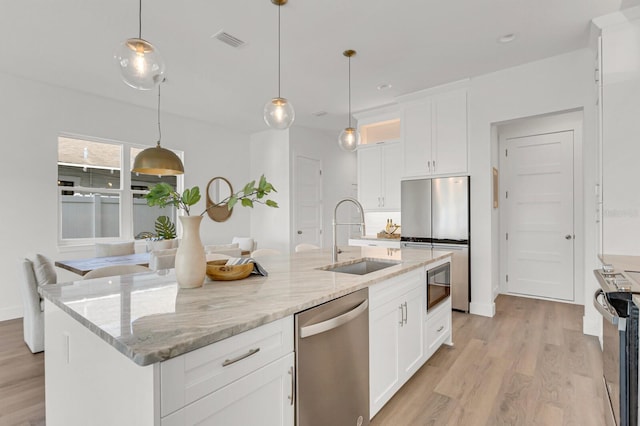 kitchen with stainless steel appliances, a sink, visible vents, and white cabinetry