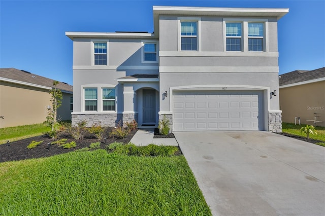 view of front of home with a garage, stone siding, concrete driveway, and stucco siding