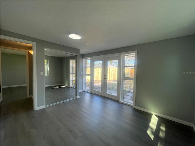 interior space with dark wood-style floors, access to outside, a closet, and french doors