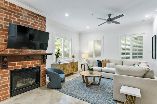 living area featuring crown molding, recessed lighting, a fireplace, and ceiling fan