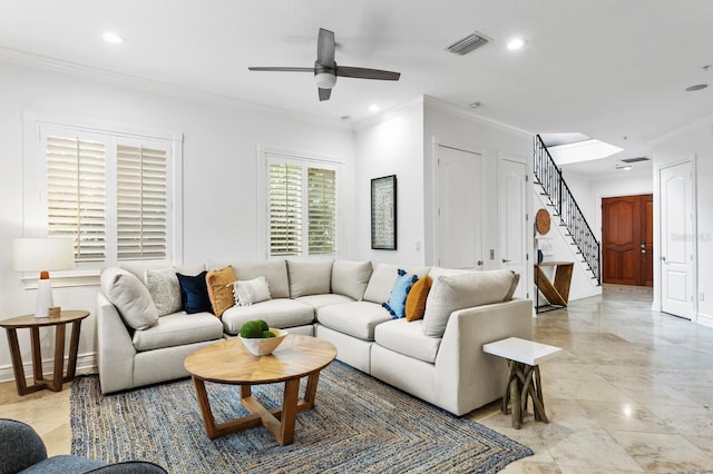 living area featuring recessed lighting, visible vents, stairway, ornamental molding, and ceiling fan