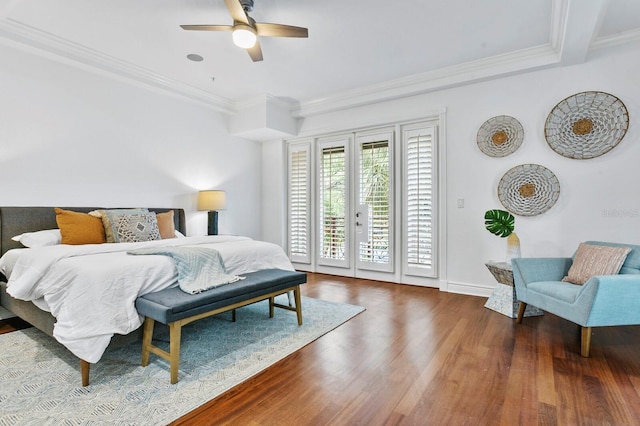 bedroom with ceiling fan, wood finished floors, access to outside, ornamental molding, and french doors