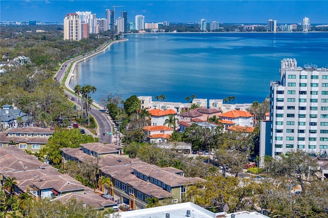 bird's eye view with a water view and a view of city